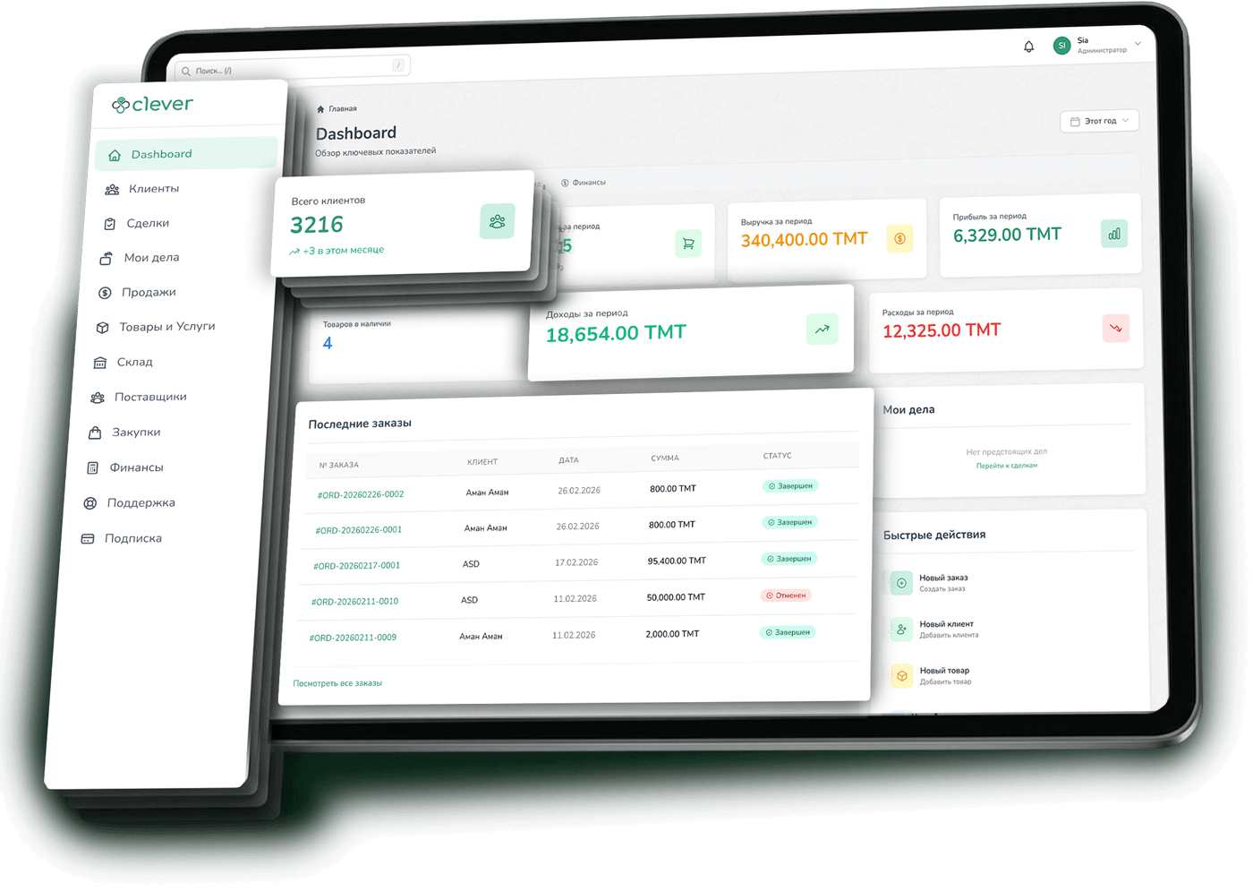 Clever CRM interfeýsi — müşderileri we satuwy dolandyrmak